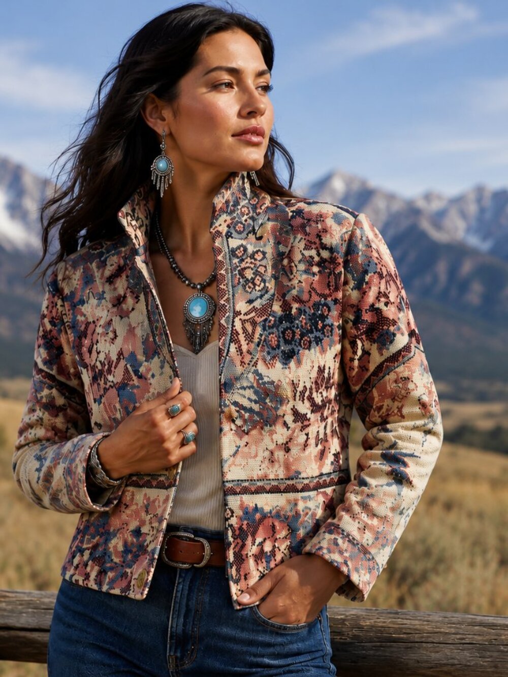 Vintage Floral Tapestry Jacket Boho Western Southwestern Art To Wear One Size